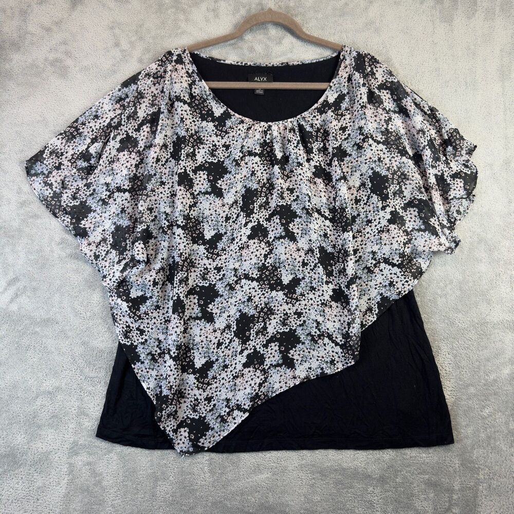 Alyx Top Womens 1X Black Semi Sheer Layered Blouse Floral Asymmetric Overlay
